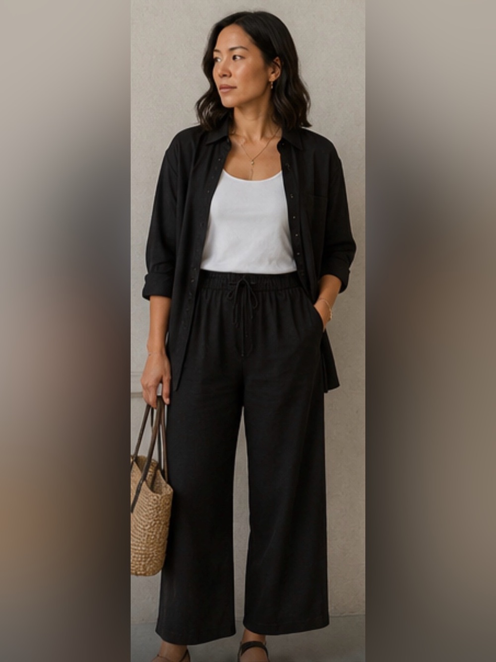 Effortless Black copped Wide-Leg Drawstring Pants